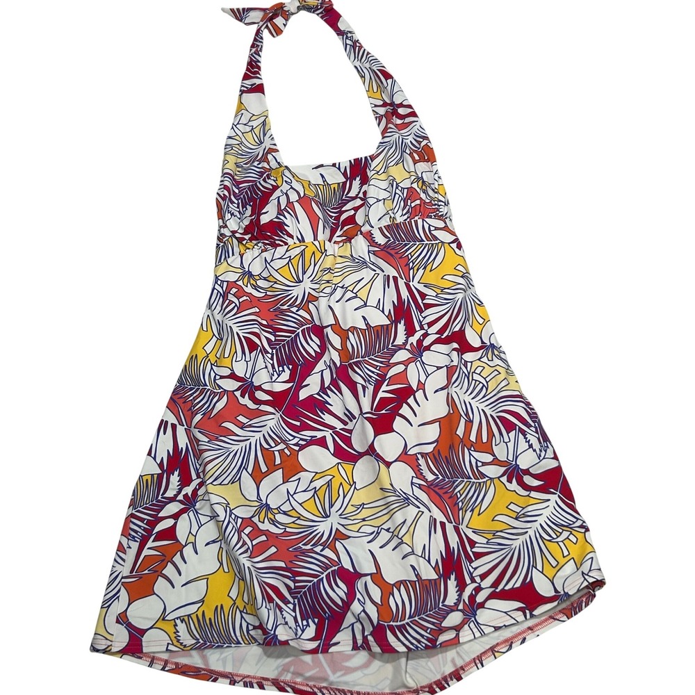 Lands End Womens Tropical Palm Leaf Halter Swim Dress Red Yellow Size L 14-16 - Picture 2 of 5